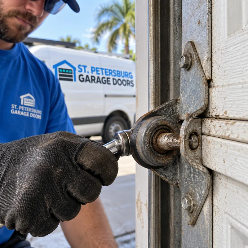Worn garage door roller and loose hinge pivot at the edge of a sectional door