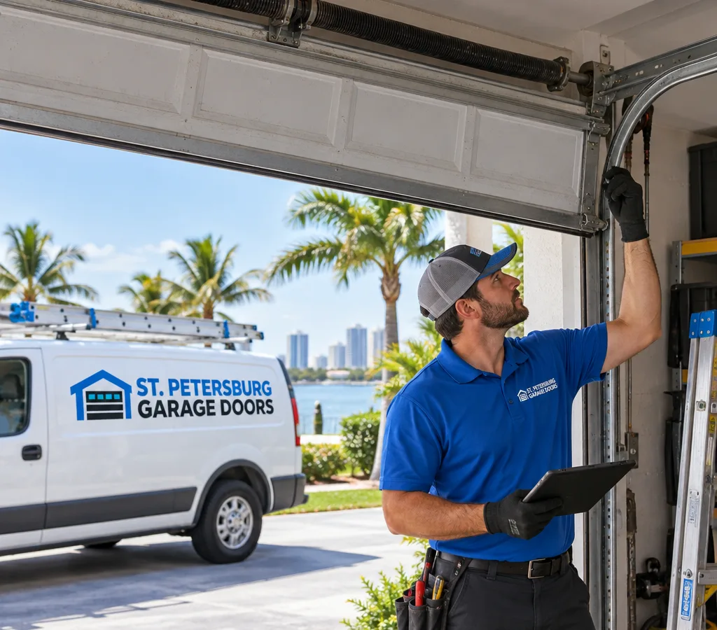 Residential garage door halfway open while a contractor assesses the torsion spring system