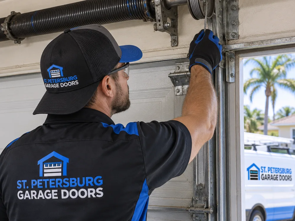 Contractor inspecting a garage door torsion spring, cable drum, and lift cable