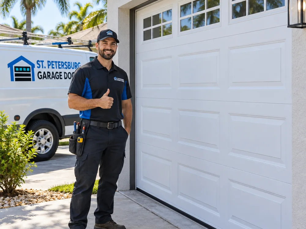 Residential sectional garage door aligned evenly with clean tracks and bottom weather seal