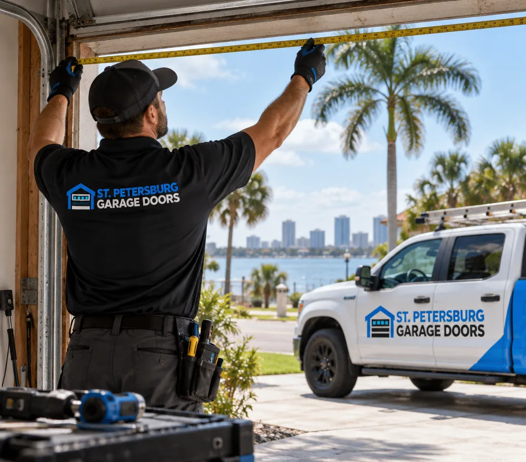 Residential garage with an existing overhead door opening and a contractor preparing to measure for a new garage door installation
