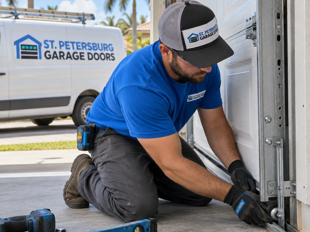 Contractor leveling the bottom door section and setting rollers into the track during a new overhead garage door installation