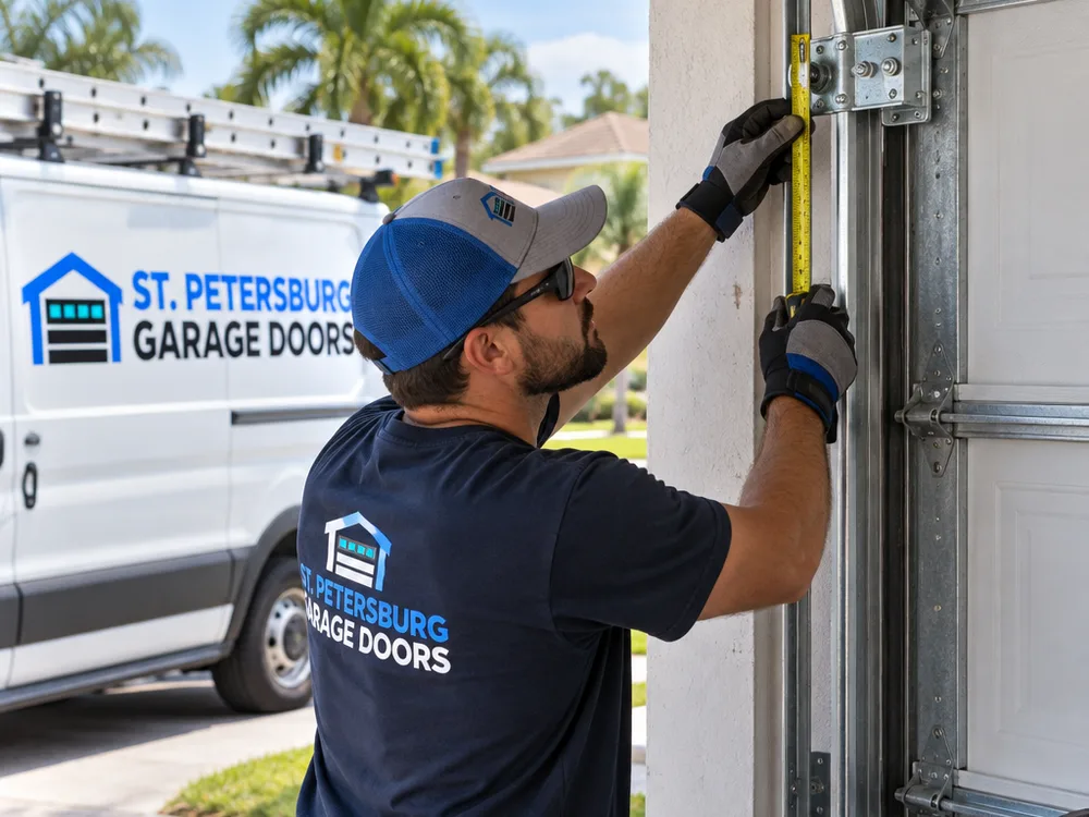 Contractor installing vertical tracks and flag brackets on a residential overhead garage door opening with a tape measure visible