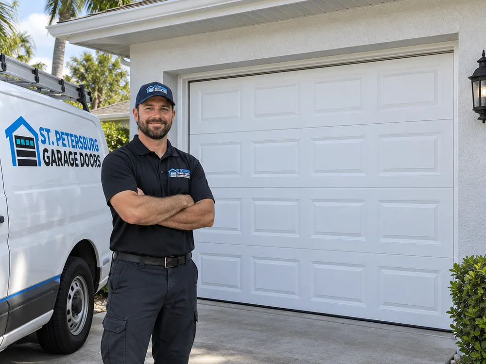 Finished residential sectional garage door with clean track alignment and tight perimeter seals on a single-car garage
