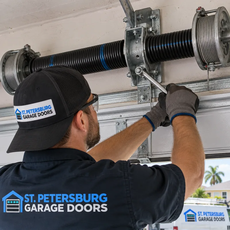 Close-up of a residential garage door torsion spring with center bearing plate and cable drums