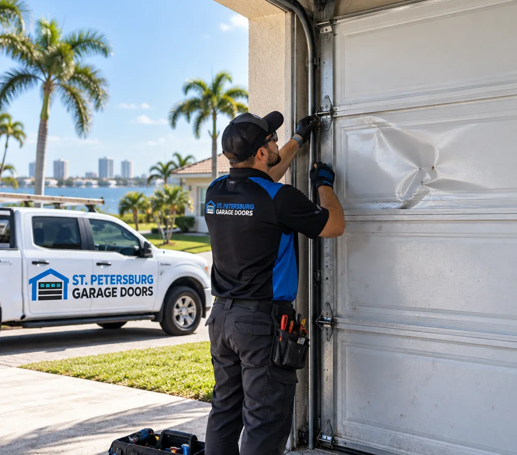 Residential Florida garage with a visibly dented sectional steel garage door and damage near the track
