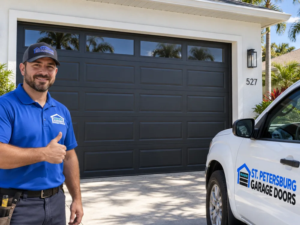 Finished residential steel sectional garage door with clean panel lines and windows at a Florida home
