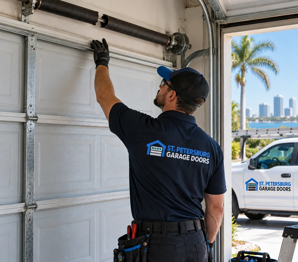 Residential garage door with a visibly broken torsion spring above the closed door while a contractor examines the spring assembly
