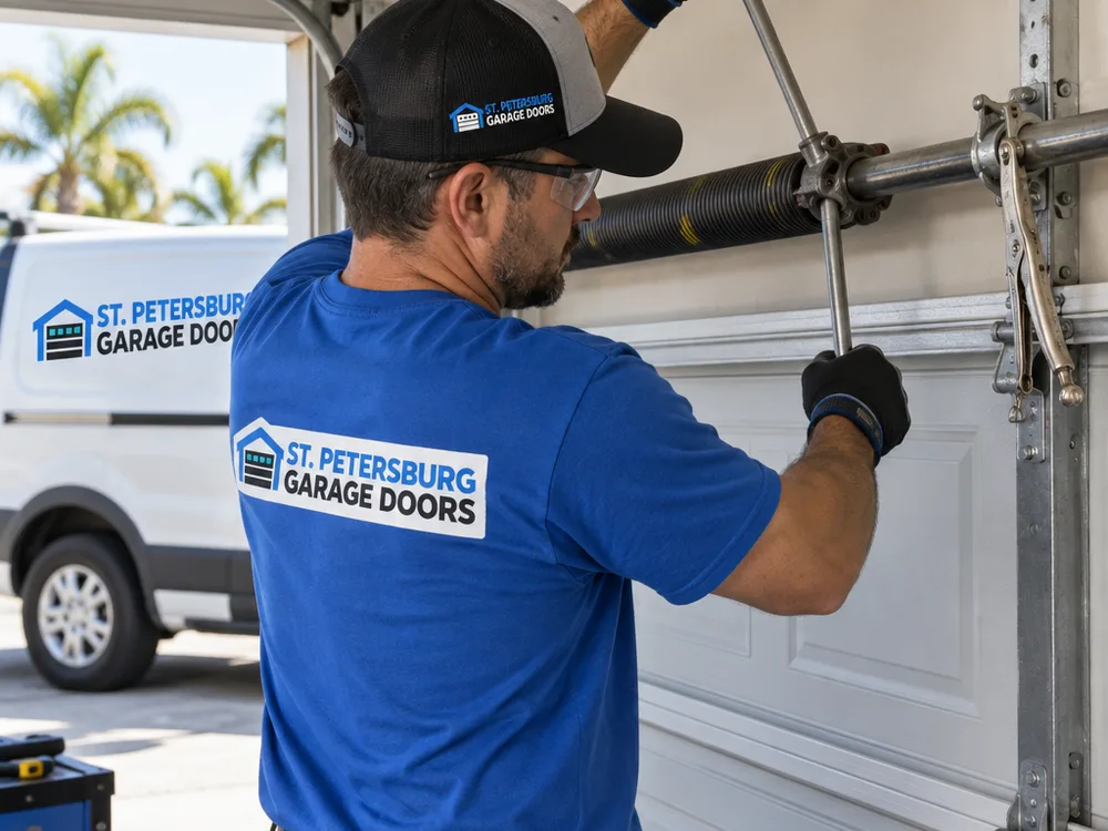 Contractor replacing a torsion spring with winding bars while the shaft is secured and the garage door remains down