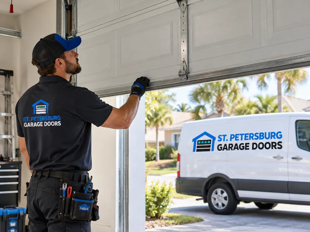Residential garage door sitting level at mid-height during a balance test with the opener disconnected