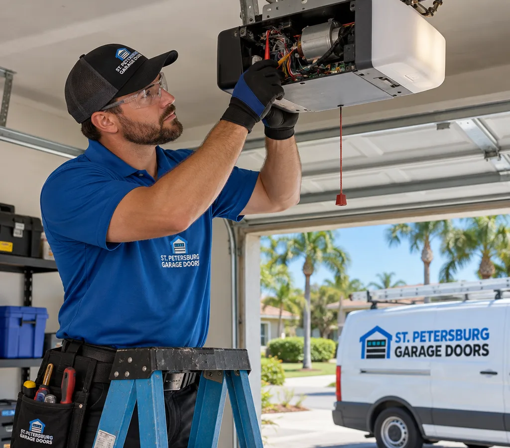 Contractor testing an open ceiling-mounted garage door opener and checking its wiring and motor assembly