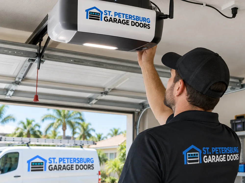 Modern smart garage door opener installed on the ceiling with a visible hub, antenna, and neatly routed wiring