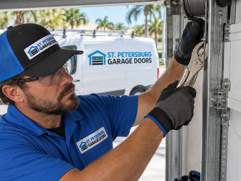 Contractor using locking pliers on a garage door track while checking cable drums and roller position