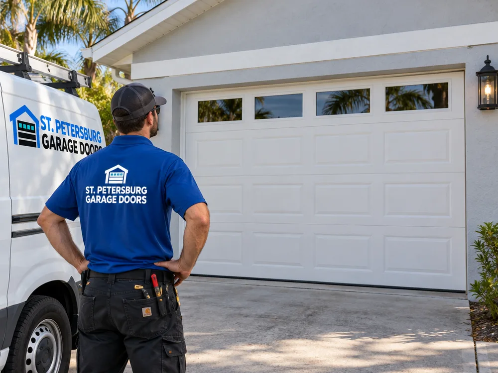 Garage door aligned evenly in its opening with both vertical tracks straight and correctly spaced after repair