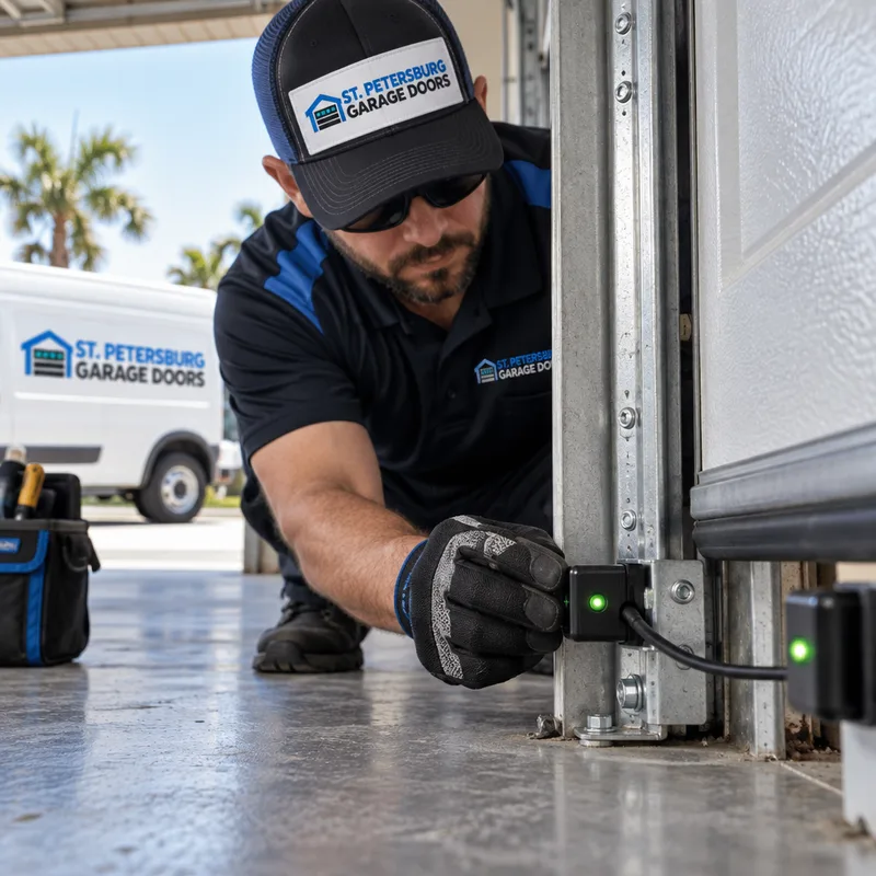 Photo eyes and monitored safety sensors mounted near the floor on a commercial operator-equipped door