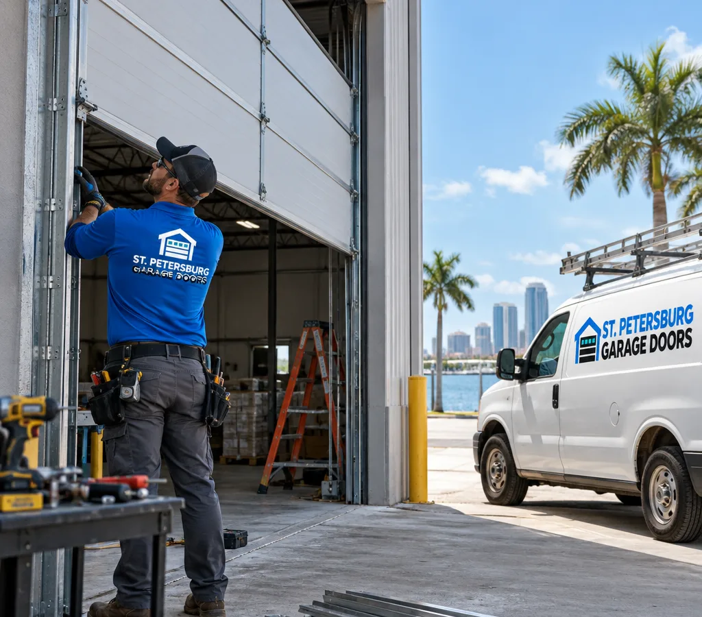 Commercial sectional overhead door being installed on a warehouse opening, with an installer positioning panels and tracks