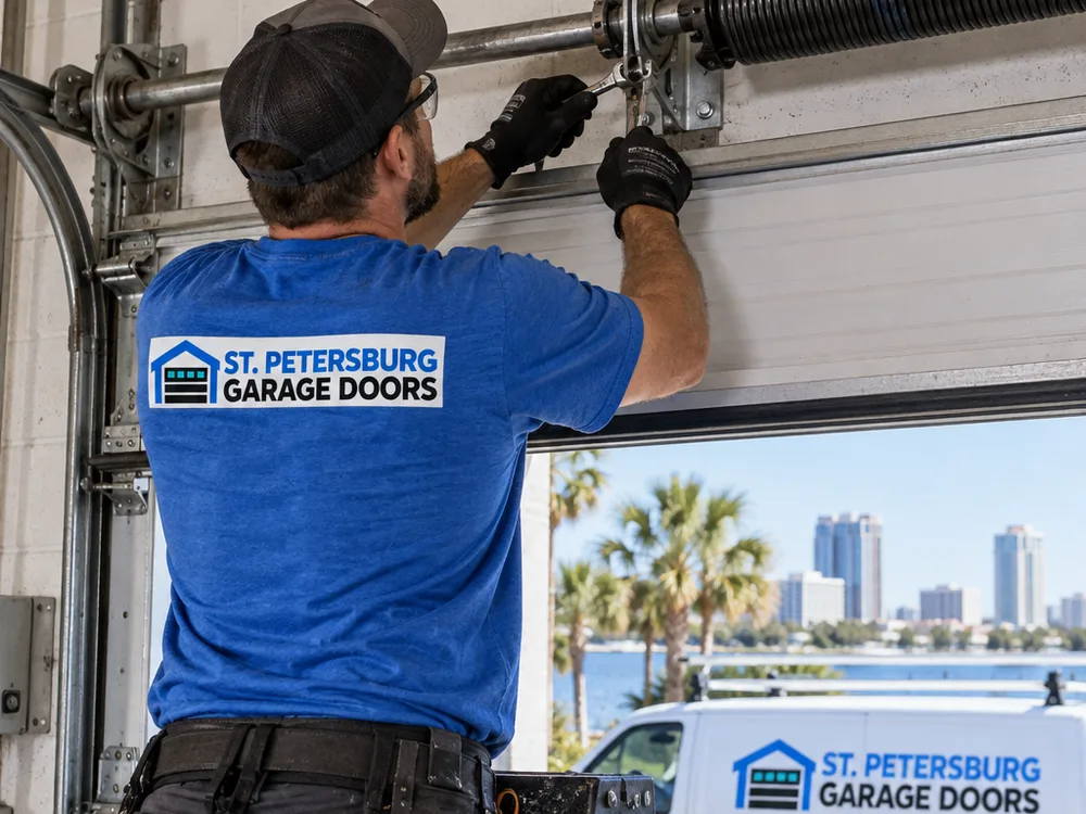 Contractor installing a torsion spring assembly and center bearing plate above a commercial overhead door opening