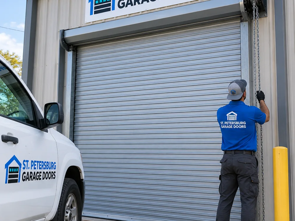 Rolling steel door installed on a commercial storage opening with chain hoist and guide rails