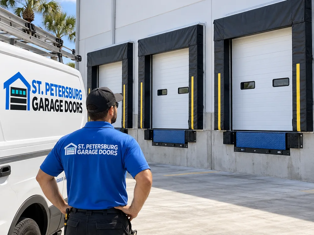 Finished insulated sectional overhead doors installed on loading dock openings with dock seals