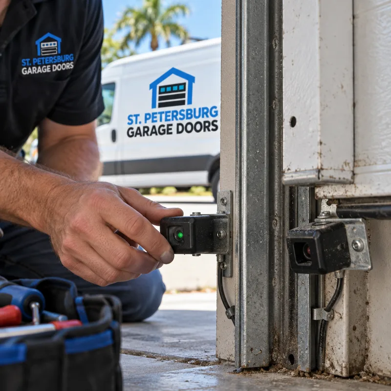 Misaligned photo-eye safety sensor at the bottom of a garage door track