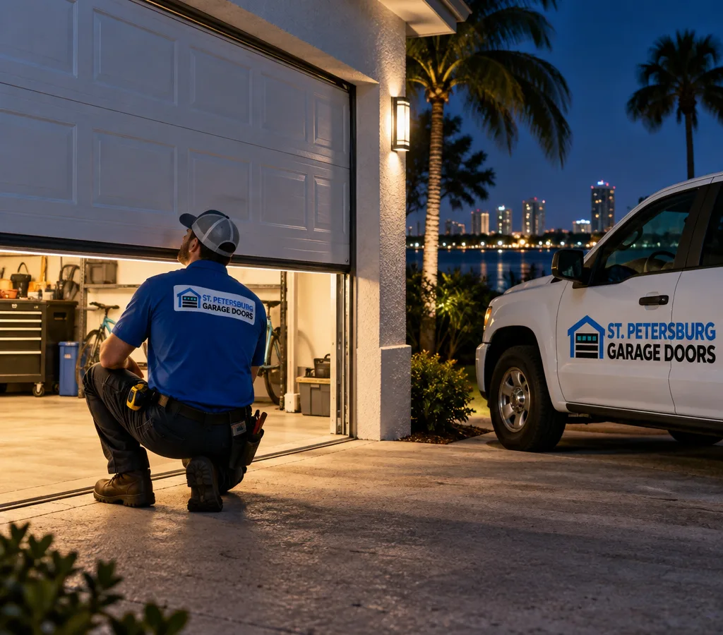 Residential garage door partially open at night with interior light showing the security concern of a stuck door