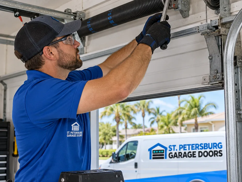 Contractor safely inspecting a torsion spring and cable drums above a residential garage door