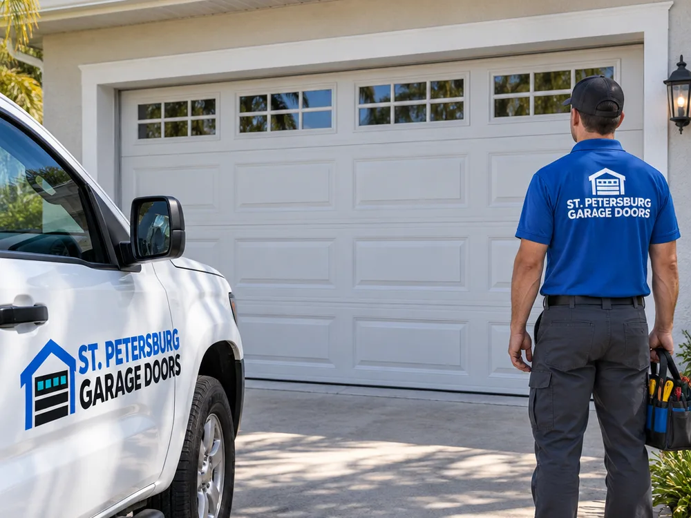 Residential sectional garage door fully closed and evenly aligned after repair