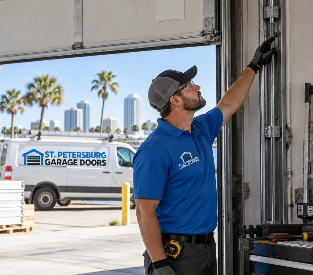 Contractor inspecting the door and track area inside a small warehouse with a commercial sectional overhead door
