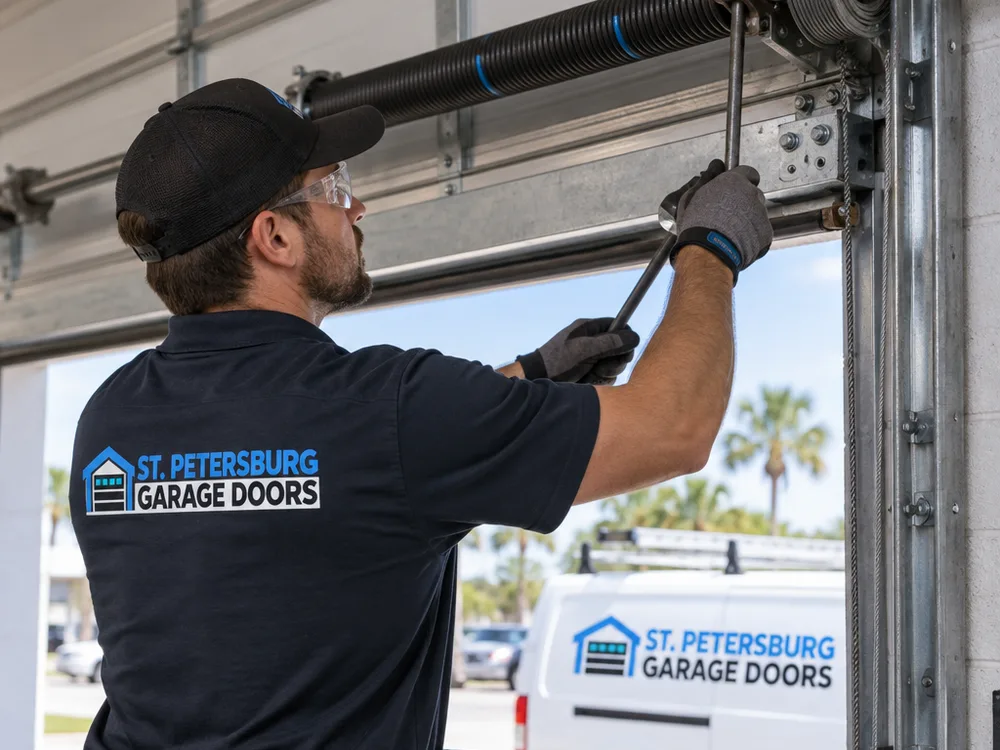 Contractor using proper winding bars and hand tools to check torsion spring condition and cable routing above a commercial overhead door