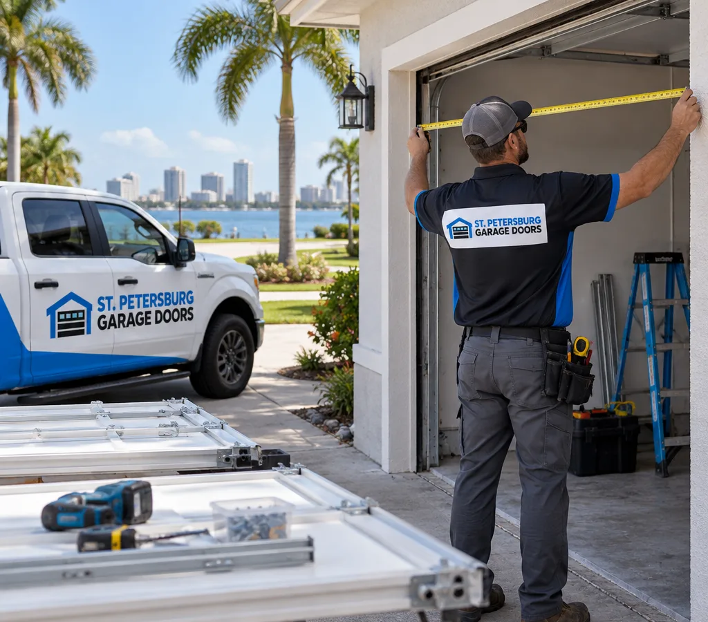 Residential Florida garage door being measured at the opening with replacement tools laid out nearby
