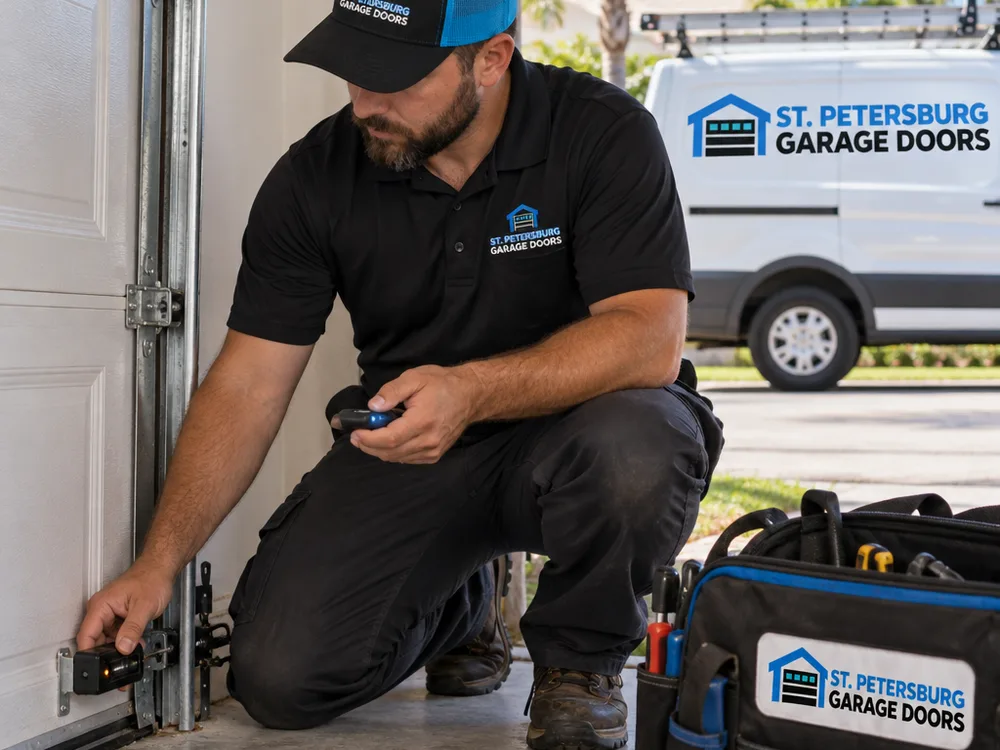 Contractor aligning garage door safety sensors near the floor and testing the opener with the door closed