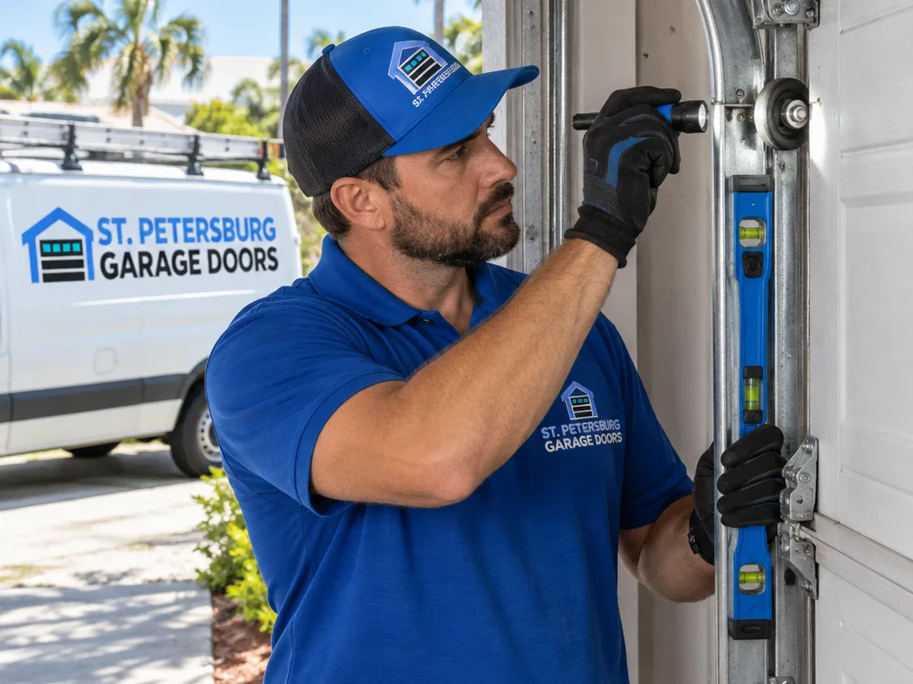 Contractor inspecting garage door rollers and vertical track alignment with a level and flashlight