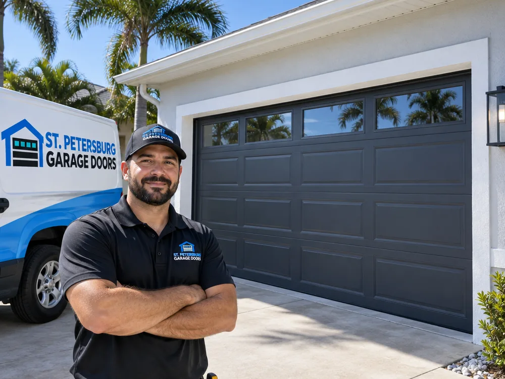 New steel sectional garage door with clean weatherstripping and properly aligned tracks on a residential driveway