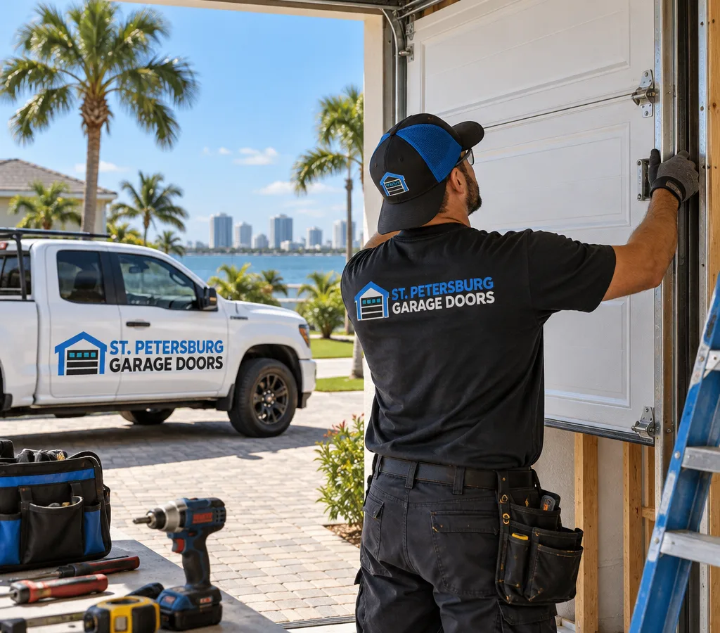 Residential garage door being set into place on its tracks with tools staged beside the framed opening