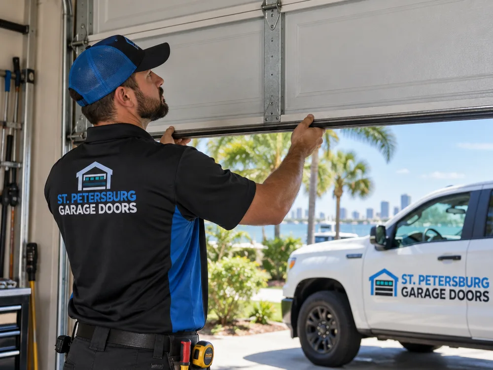 Contractor manually holding a disconnected garage door at mid-height while performing a balance test