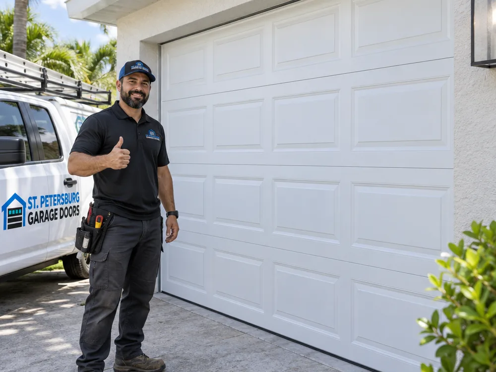Finished sectional garage door with even panel gaps and weather seal contacting the floor at both corners