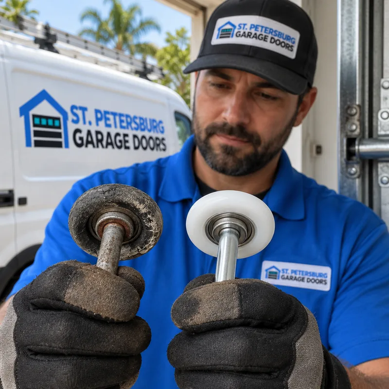 Close-up comparison of an old worn garage door roller and a new roller