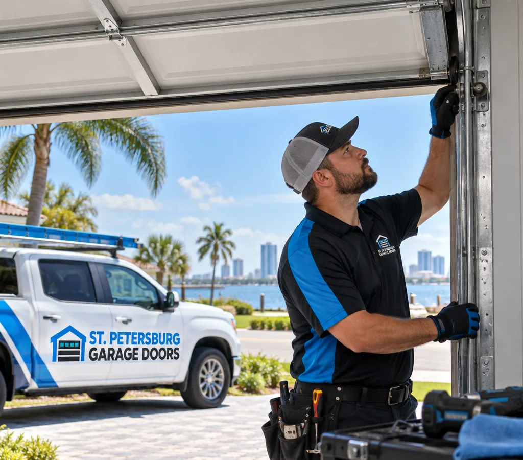 Residential garage door open while a contractor inspects the rollers and vertical track