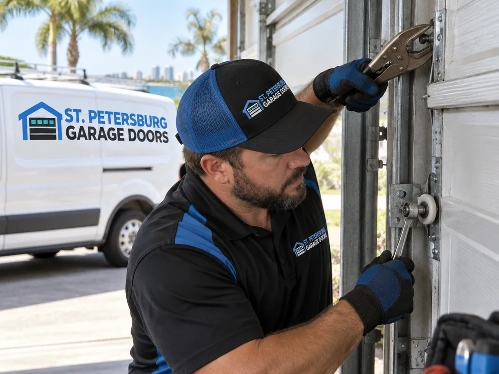 Contractor using hand tools and locking pliers to replace a sectional garage door roller