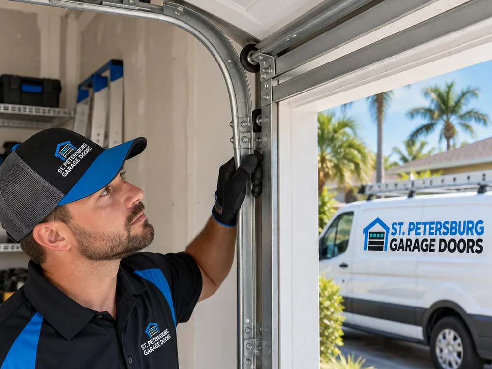 Residential garage door traveling through a clean curved track with seated rollers
