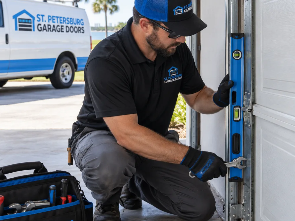 Contractor using a level and wrench to check garage door track alignment at a jamb bracket