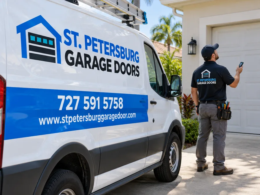 Contractor in a residential driveway holding a diagnostic remote keypad and looking toward the garage door opener rail